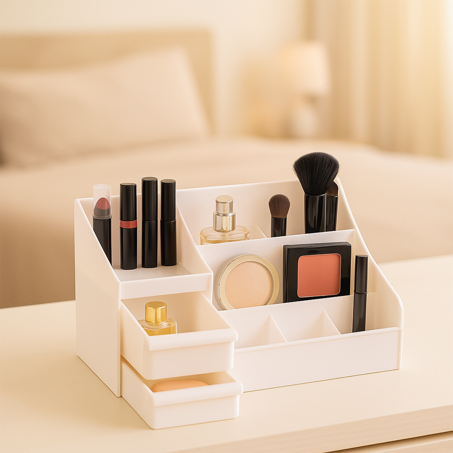 Multi-Purpose Desk Organizer with 2 Drawers and Compartments – Plastic Stationery Storage Box, Makeup & Cosmetic Vanity Case, Remote Control Holder for Home and Office (28cm x 12cm, White) 1