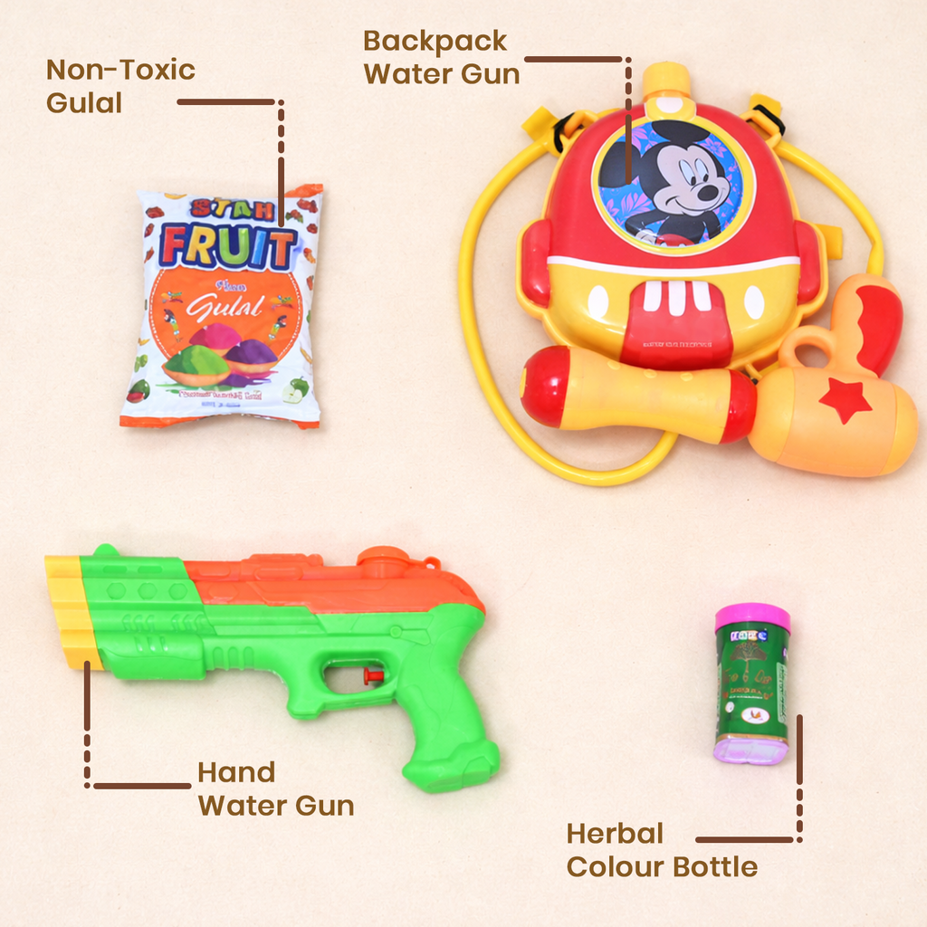 Holi Combo Pack with Backpack Water Gun, Mini Pichkari, Gulal & Color Spray