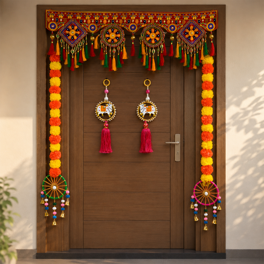 Traditional Ethnic Door Toran with Decorative Cow Hangings & Marigold Strings – Handmade Festive Home Decor for Diwali, Wedding, and Mandir Entrance