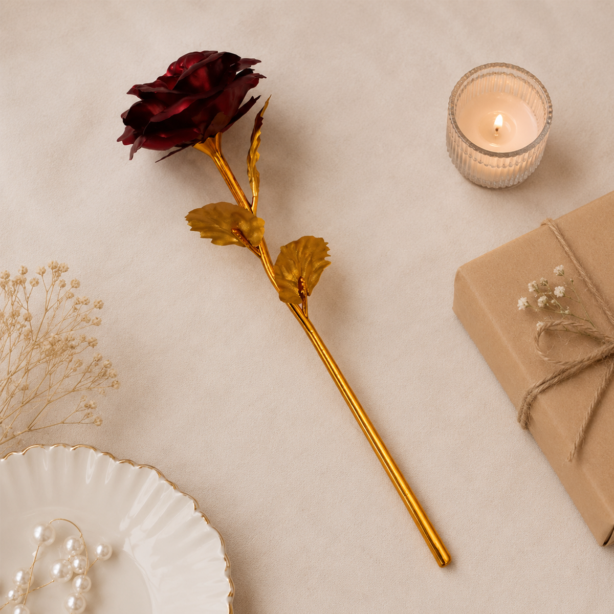 Artificial Red Rose with Golden Stem – 25.5 cm Decorative Metal Flower for Valentine’s Day, Anniversary, Wedding & Home Decor Gift