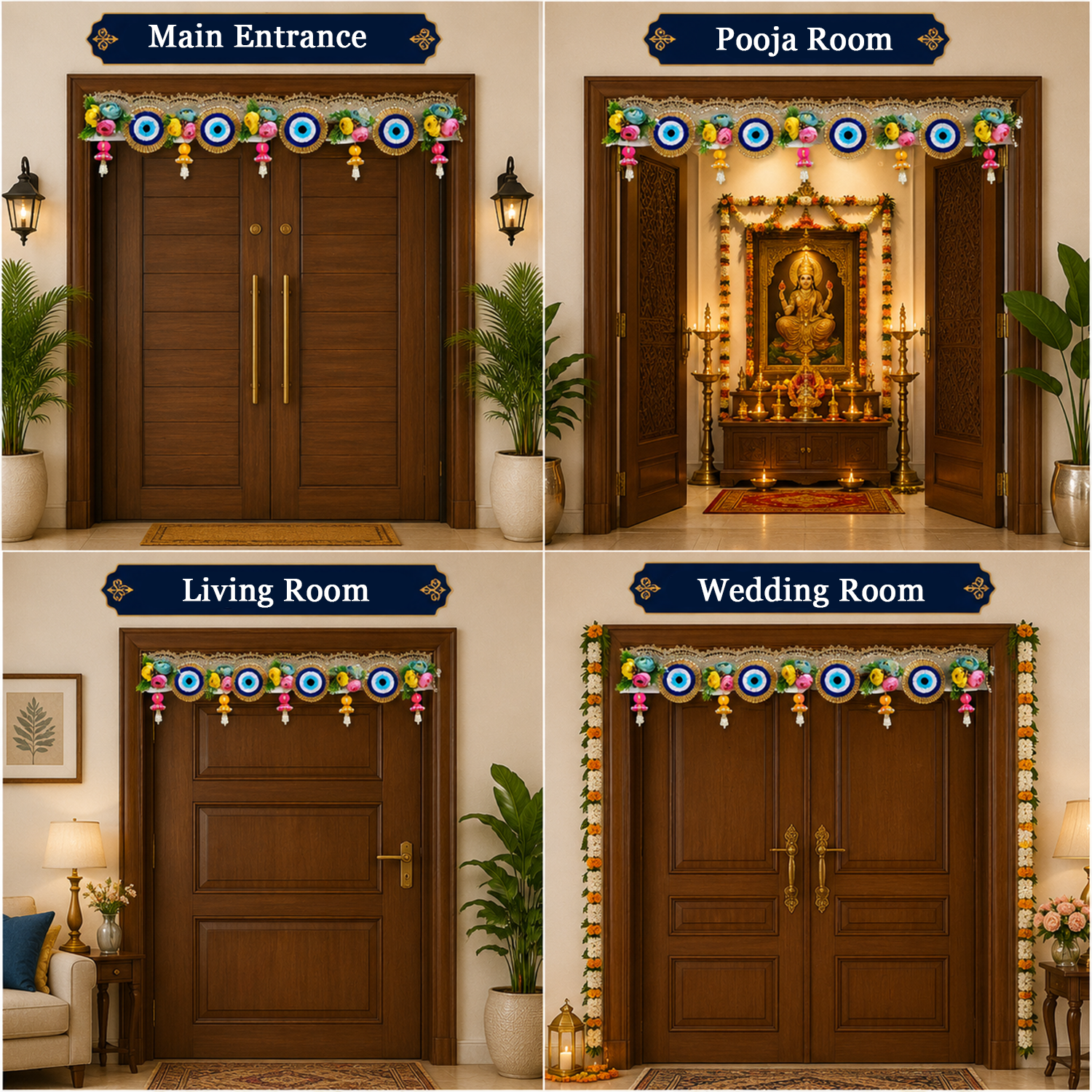 Handmade Decorative Evil Eye Door Toran - 100 cm Traditional Bandhanwar with Floral Accents, Colorful Tassels, and Mirror Work for Main Entrance, Pooja Room & Festive Home Decor