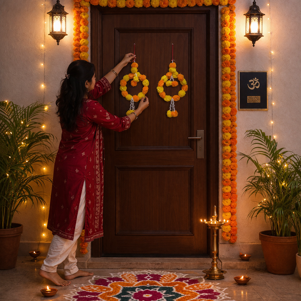 Artificial Marigold Flower Hanging Door Toran for Diwali, Wedding & Home Decor (Set of 2, 48 cm)