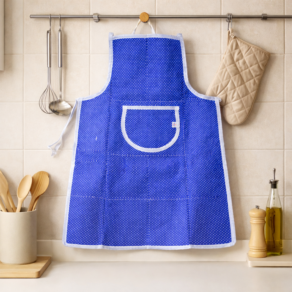 Cotton Kitchen Apron, Blue Polka Dot Print, with Front Pocket, Tie-Back, for Women
