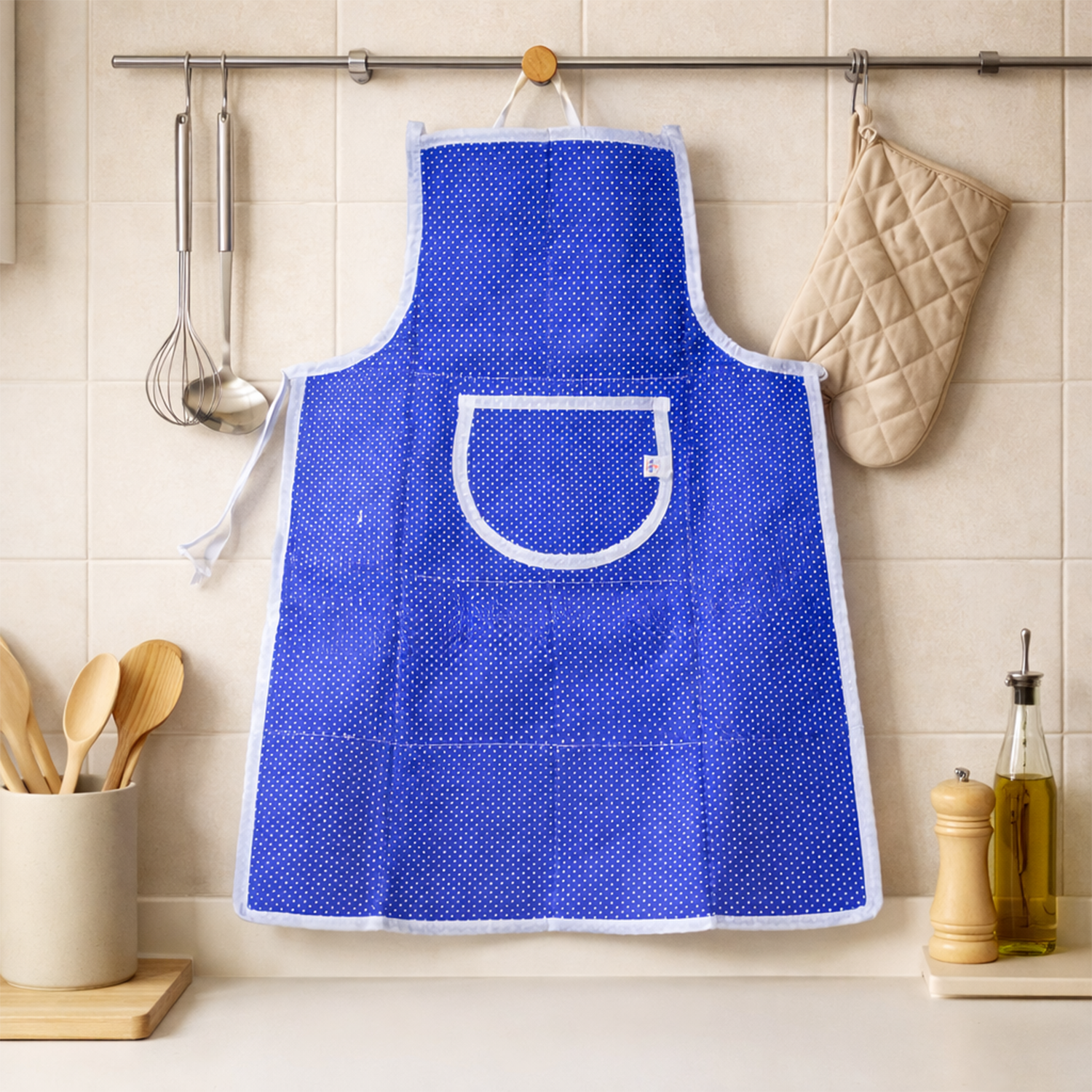 Cotton Kitchen Apron, Blue Polka Dot Print, with Front Pocket, Tie-Back, for Women