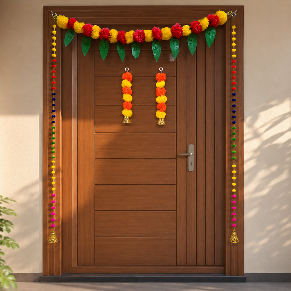 Artificial Marigold Door Toran with Colorful Pom-Pom Strings – Festive Decorative Hanging for Diwali, Weddings, and Home Entrance Combo