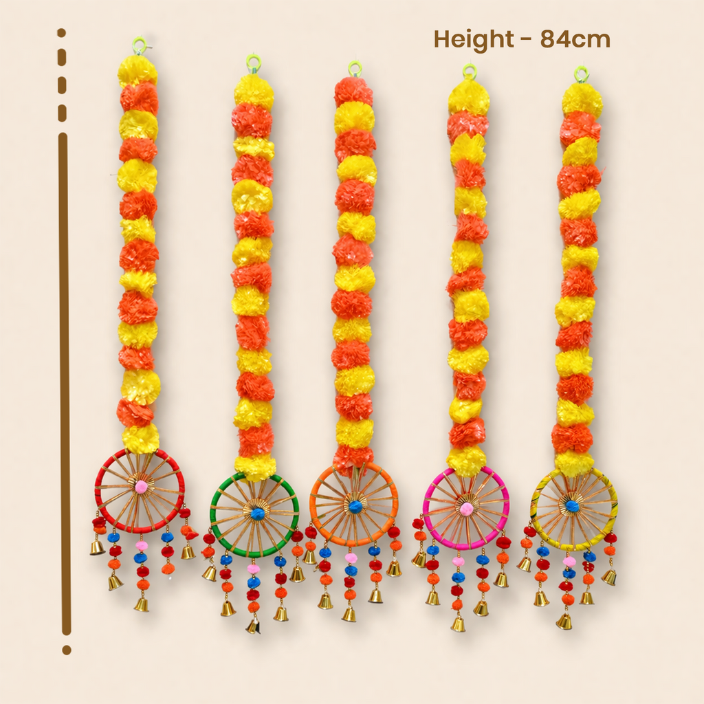 Artificial Marigold Flower Hanging Decorations for Home Decore Wheels, Bells, and Tassels for Diwali, Pooja Room, and Festival Backdrop (84cm, Set of 5
