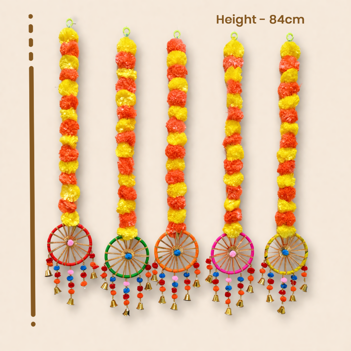 Artificial Marigold Flower Hanging Decorations for Home Decore Wheels, Bells, and Tassels for Diwali, Pooja Room, and Festival Backdrop (84cm, Set of 5