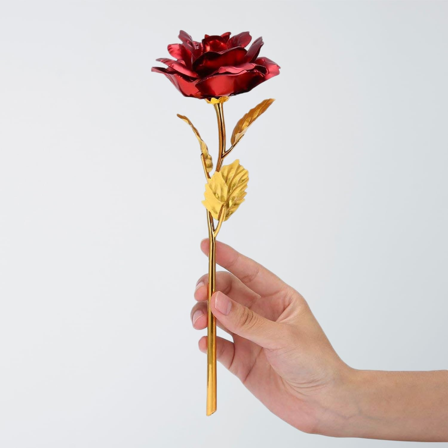 Artificial Red Rose with Golden Stem – 25.5 cm Decorative Metal Flower for Valentine’s Day, Anniversary, Wedding & Home Decor Gift