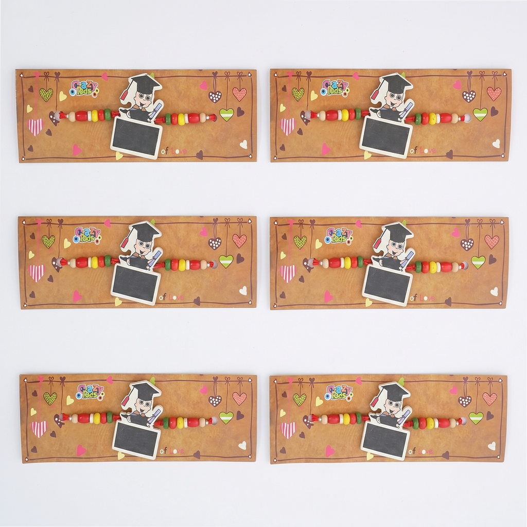 Kids Cute Cartoon Rakhi for Brother Set of 6 - Wooden Beaded Graduation Theme Rakhi Combo Pack for Little Boys & Kids, Festive Rakshabandhan Gift Set