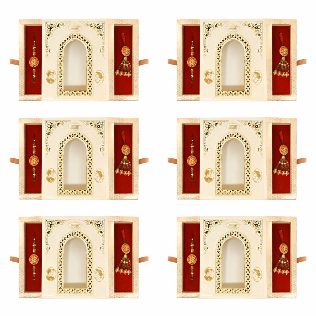 Premium Designer Rakhi Set for 6 Brother and Sister-in-Law (Bhaiya Bhabhi) with Luxury Arch Gift Box