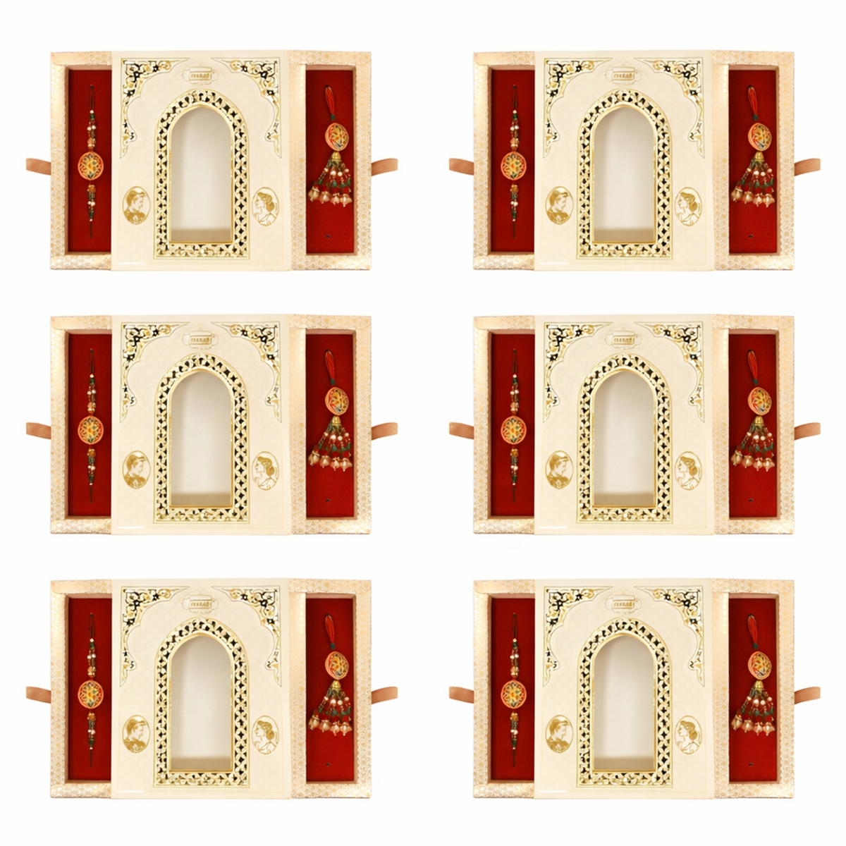 Premium Designer Rakhi Set for 6 Brother and Sister-in-Law (Bhaiya Bhabhi) with Luxury Arch Gift Box