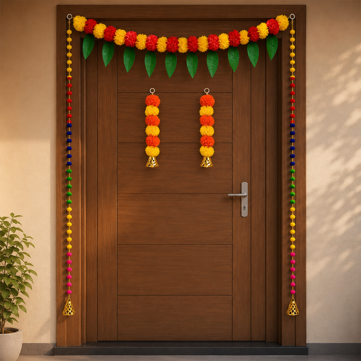 Artificial Marigold Door Toran with Colorful Pom-Pom Strings – Festive Decorative Hanging for Diwali, Weddings, and Home Entrance Combo