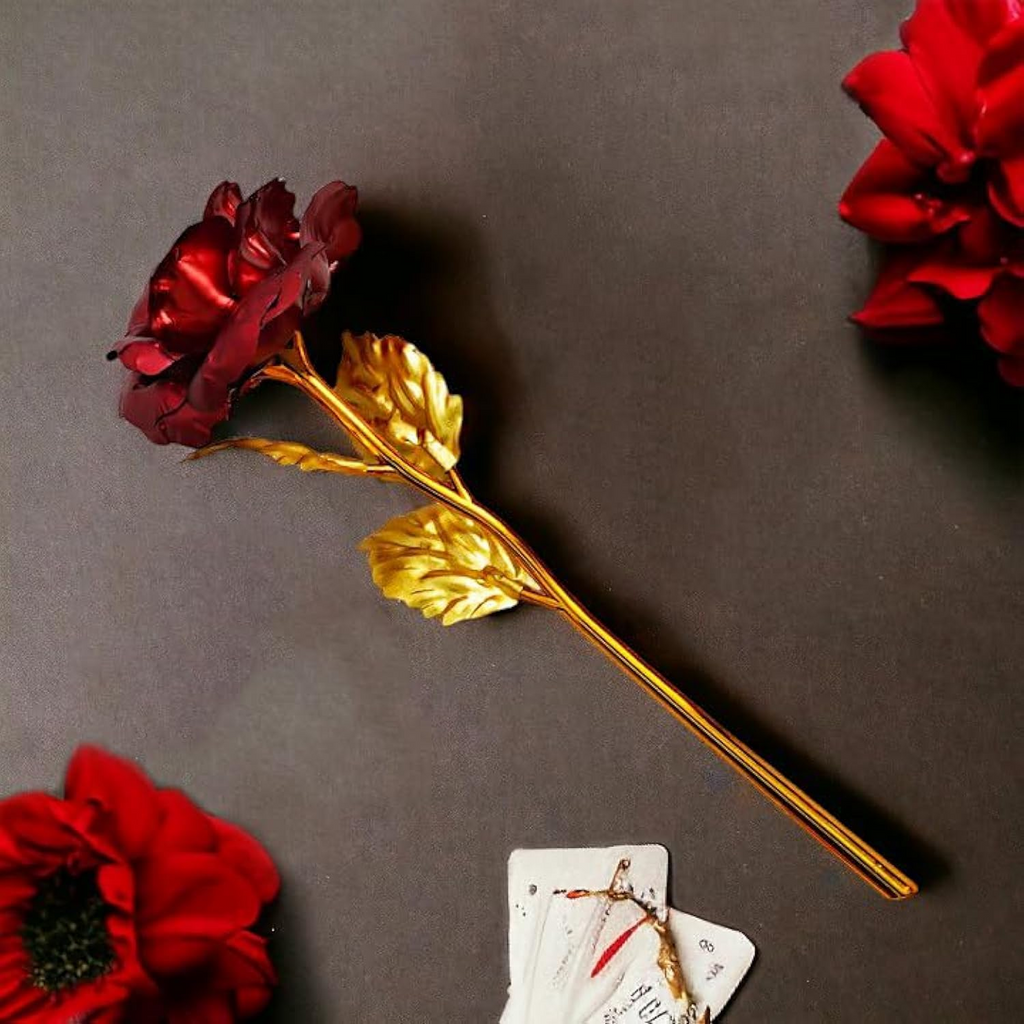 Artificial Red Rose with Golden Stem – 25.5 cm Decorative Metal Flower for Valentine’s Day, Anniversary, Wedding & Home Decor Gift