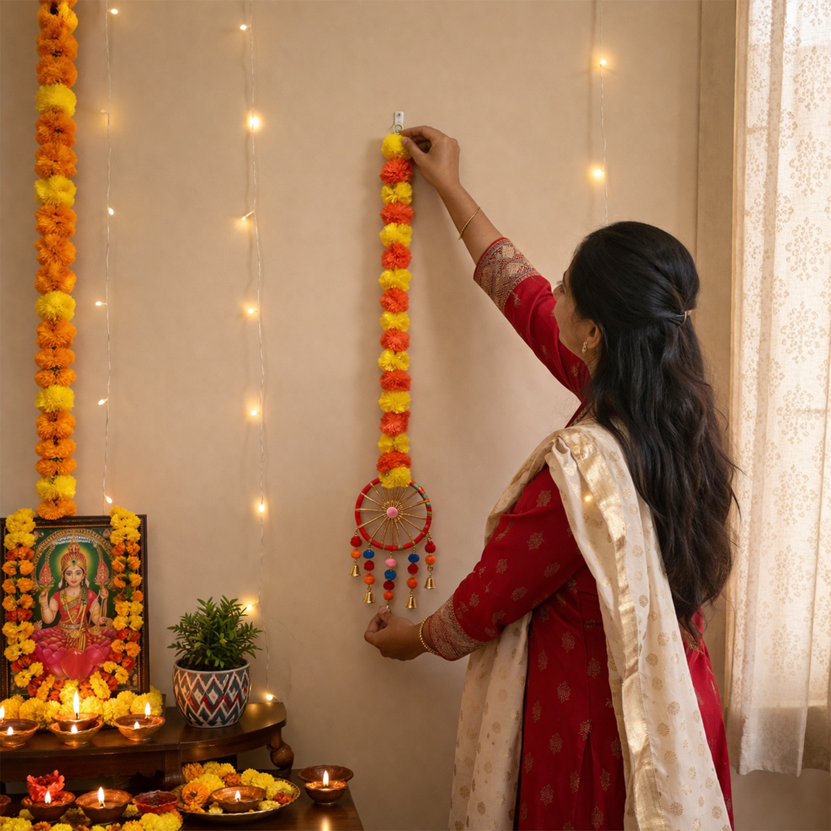 Artificial Marigold Flower Hanging Decorations for Home Decore Wheels, Bells, and Tassels for Diwali, Pooja Room, and Festival Backdrop (84cm, Set of 5