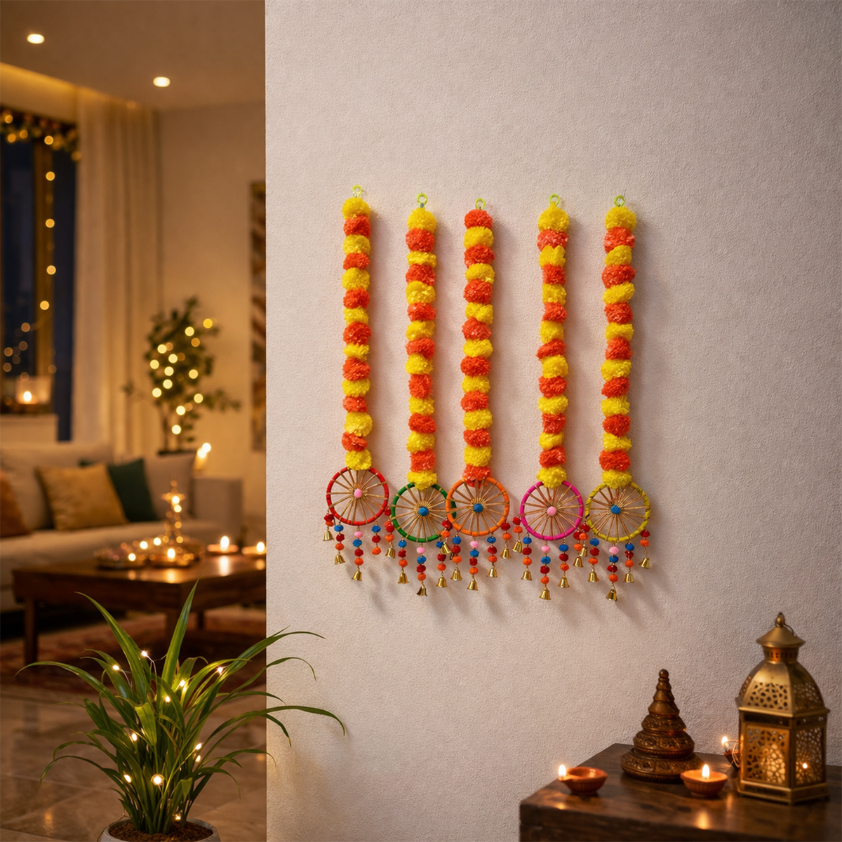 Artificial Marigold Flower Hanging Decorations for Home Decore Wheels, Bells, and Tassels for Diwali, Pooja Room, and Festival Backdrop (84cm, Set of 5