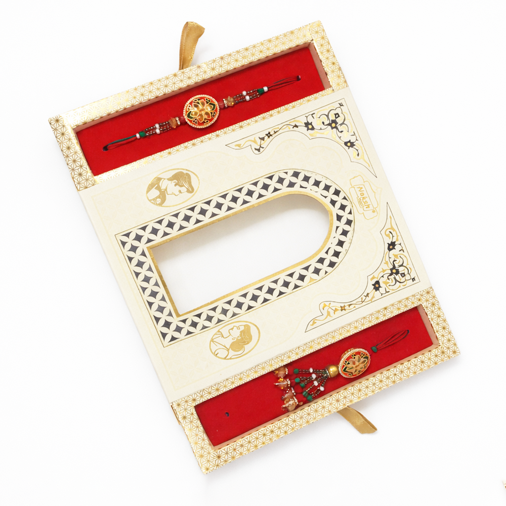 Premium Designer Rakhi Set for 6 Brother and Sister-in-Law (Bhaiya Bhabhi) with Luxury Arch Gift Box