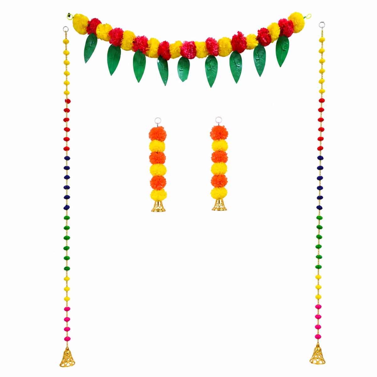 Artificial Marigold Door Toran with Colorful Pom-Pom Strings – Festive Decorative Hanging for Diwali, Weddings, and Home Entrance Combo