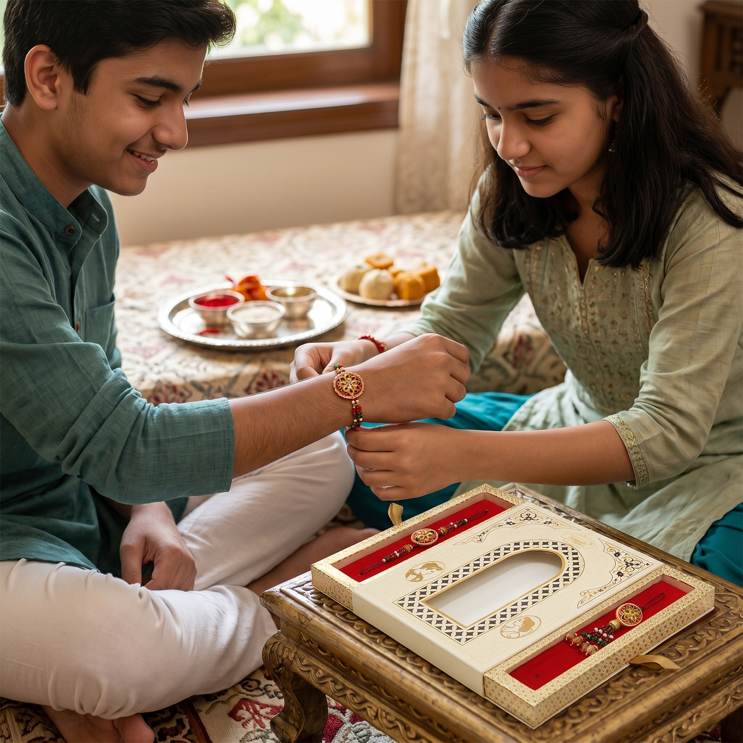 Premium Designer Rakhi Set for 6 Brother and Sister-in-Law (Bhaiya Bhabhi) with Luxury Arch Gift Box