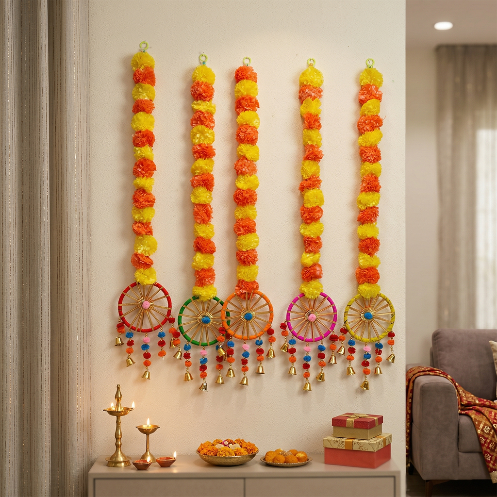 Artificial Marigold Flower Hanging Decorations for Home Decore Wheels, Bells, and Tassels for Diwali, Pooja Room, and Festival Backdrop (84cm, Set of 5
