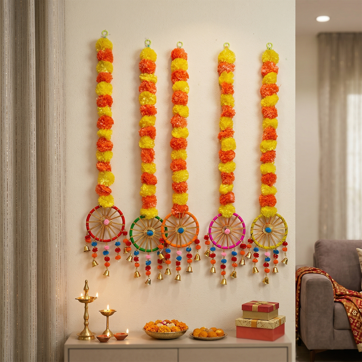 Artificial Marigold Flower Hanging Decorations for Home Decore Wheels, Bells, and Tassels for Diwali, Pooja Room, and Festival Backdrop (84cm, Set of 5