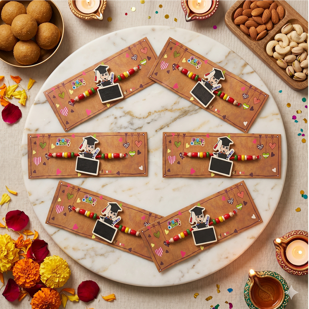 Kids Cute Cartoon Rakhi for Brother Set of 6 - Wooden Beaded Graduation Theme Rakhi Combo Pack for Little Boys & Kids, Festive Rakshabandhan Gift Set