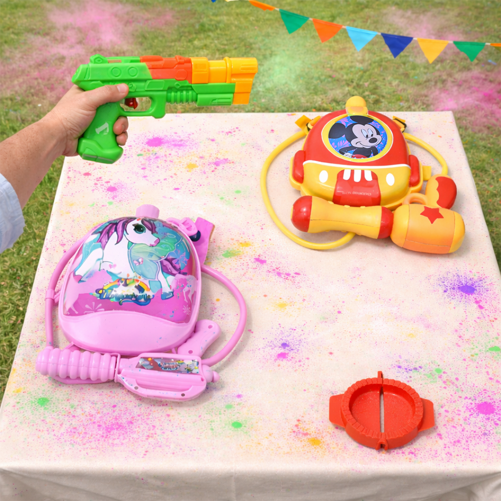 Holi Kids Water Gun Combo – Backpack Pichkari & Mini Water Gun Set