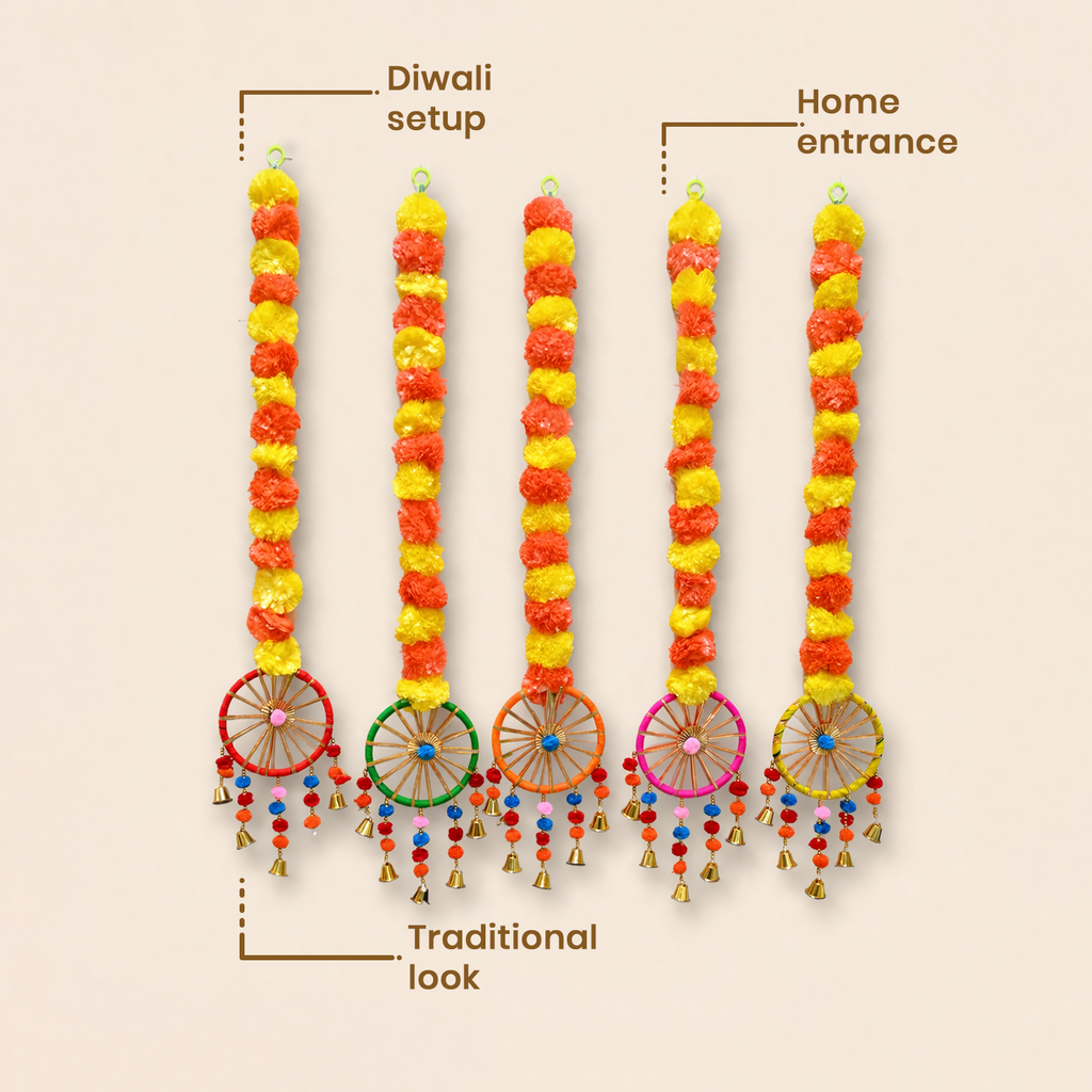 Artificial Marigold Flower Hanging Decorations for Home Decore Wheels, Bells, and Tassels for Diwali, Pooja Room, and Festival Backdrop (84cm, Set of 5