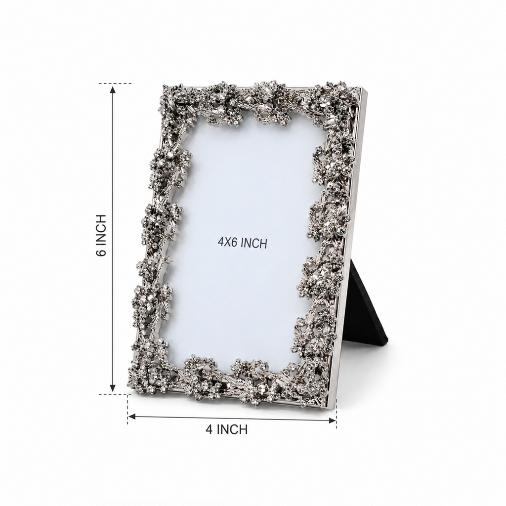 4x6 Silver Picture Frame – Decorative Rhinestone Photo Frame for Tabletop Display, Elegant Floral Design for Wedding, Anniversary, and Home Decor (Pack of 1)