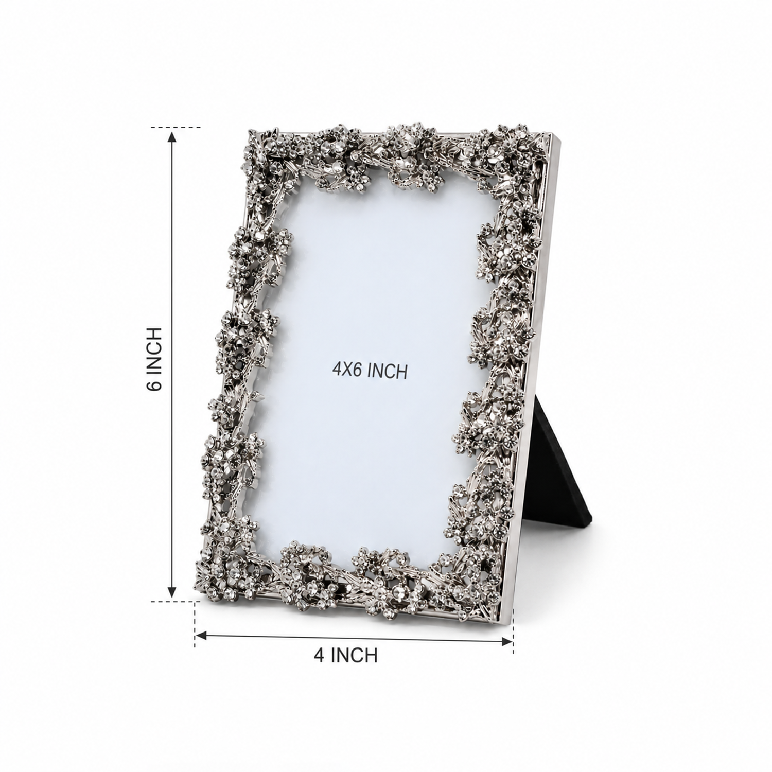 4x6 Silver Picture Frame – Decorative Rhinestone Photo Frame for Tabletop Display, Elegant Floral Design for Wedding, Anniversary, and Home Decor (Pack of 1)