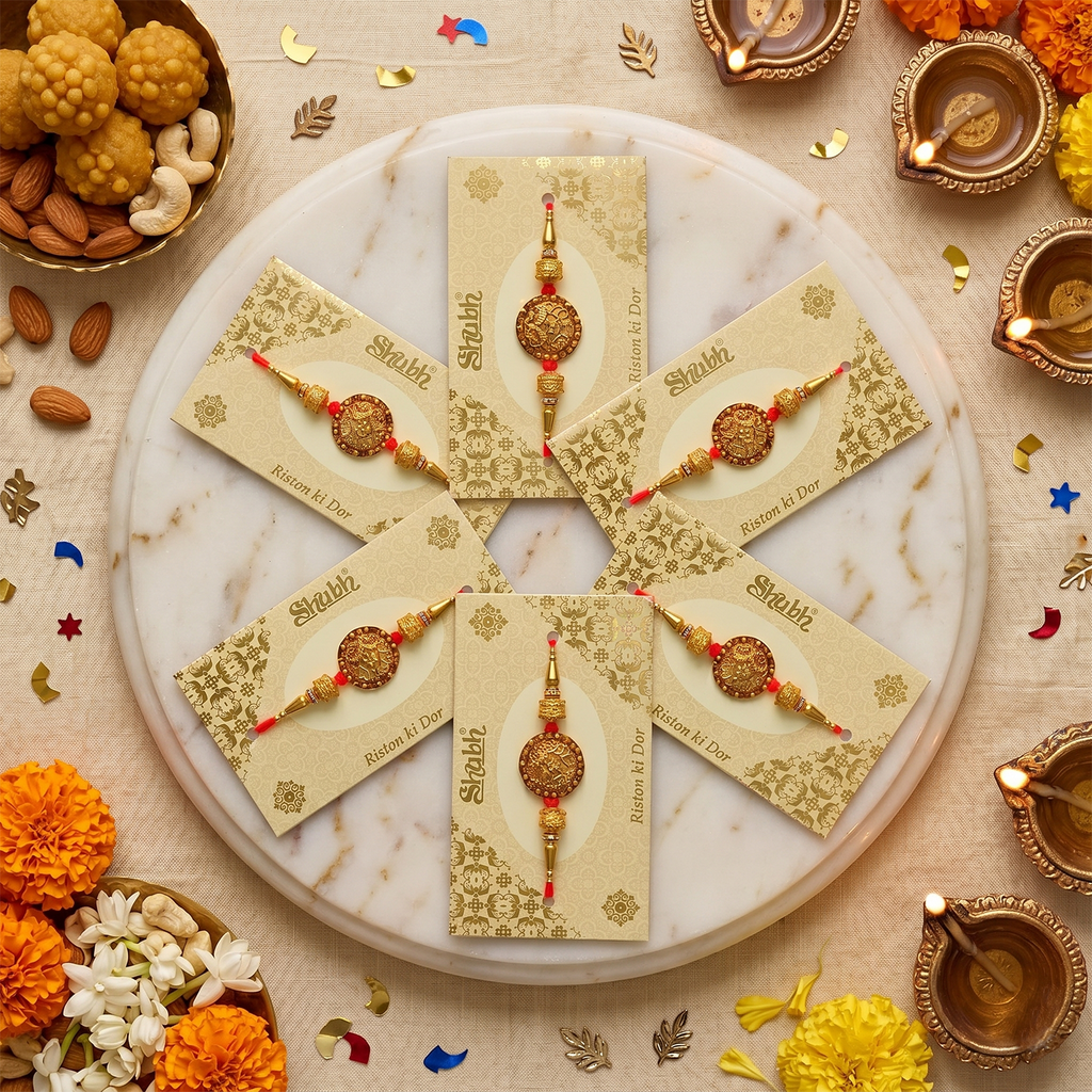 Shubh Premium Rakhi Set of 6 for Brother - Traditional Designer Bhaiya Rakhi Combo with Riston Ki Dor Packaging