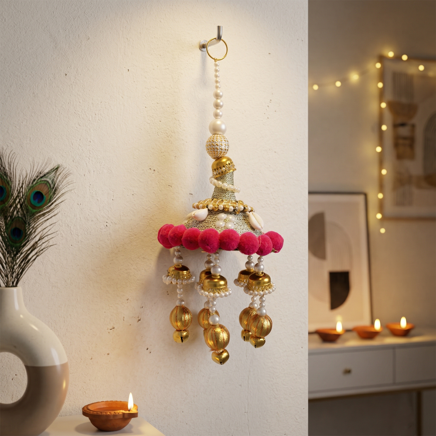 Decorative Wall Hanging Bell Ornament for Home Decor - Traditional Indian Jhumki Style Toran with Pom Poms and Pearl Accents for Diwali, Wedding, Mandir, and Housewarming Decoration, 30cm