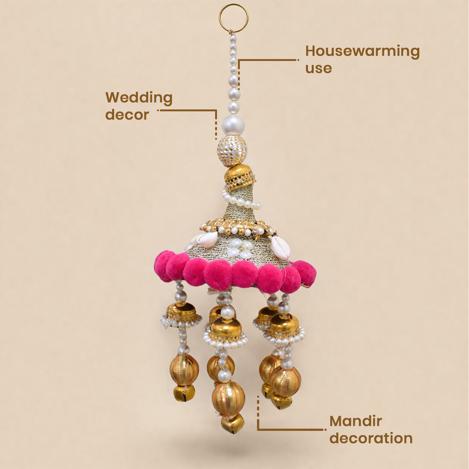 Decorative Wall Hanging Bell Ornament for Home Decor - Traditional Indian Jhumki Style Toran with Pom Poms and Pearl Accents for Diwali, Wedding, Mandir, and Housewarming Decoration, 30cm