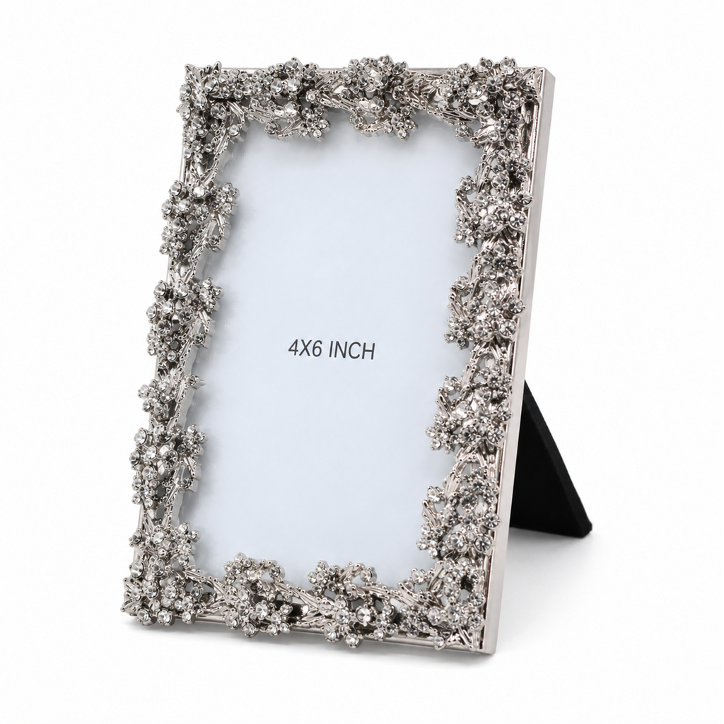 4x6 Silver Picture Frame – Decorative Rhinestone Photo Frame for Tabletop Display, Elegant Floral Design for Wedding, Anniversary, and Home Decor (Pack of 1)
