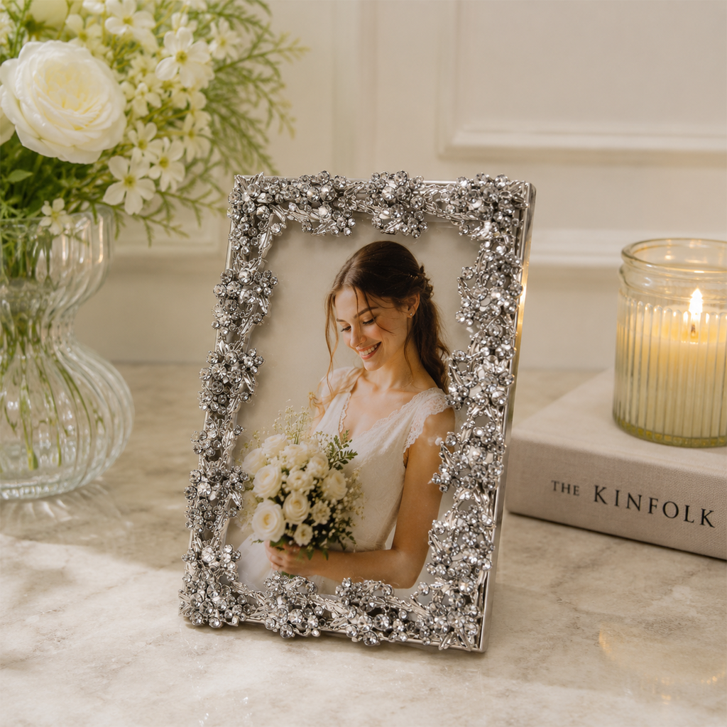 4x6 Silver Picture Frame – Decorative Rhinestone Photo Frame for Tabletop Display, Elegant Floral Design for Wedding, Anniversary, and Home Decor (Pack of 1)