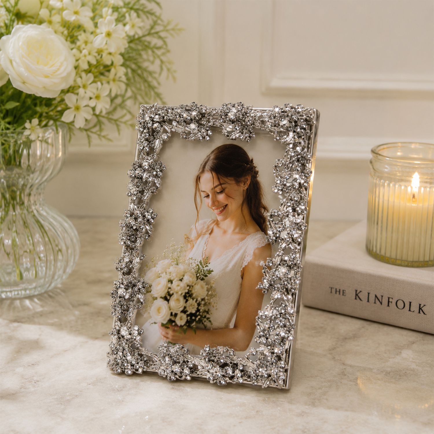 4x6 Silver Picture Frame – Decorative Rhinestone Photo Frame for Tabletop Display, Elegant Floral Design for Wedding, Anniversary, and Home Decor (Pack of 1)