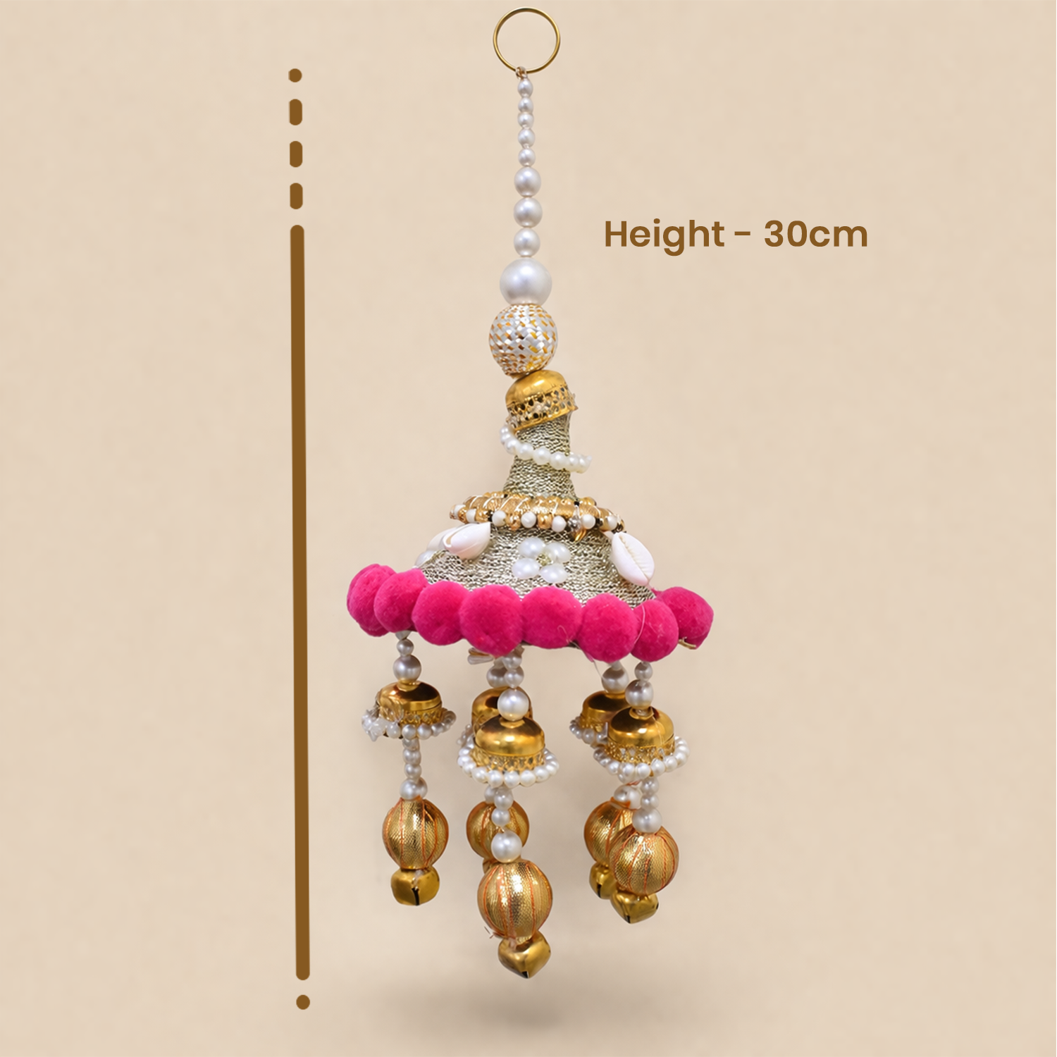 Decorative Wall Hanging Bell Ornament for Home Decor - Traditional Indian Jhumki Style Toran with Pom Poms and Pearl Accents for Diwali, Wedding, Mandir, and Housewarming Decoration, 30cm