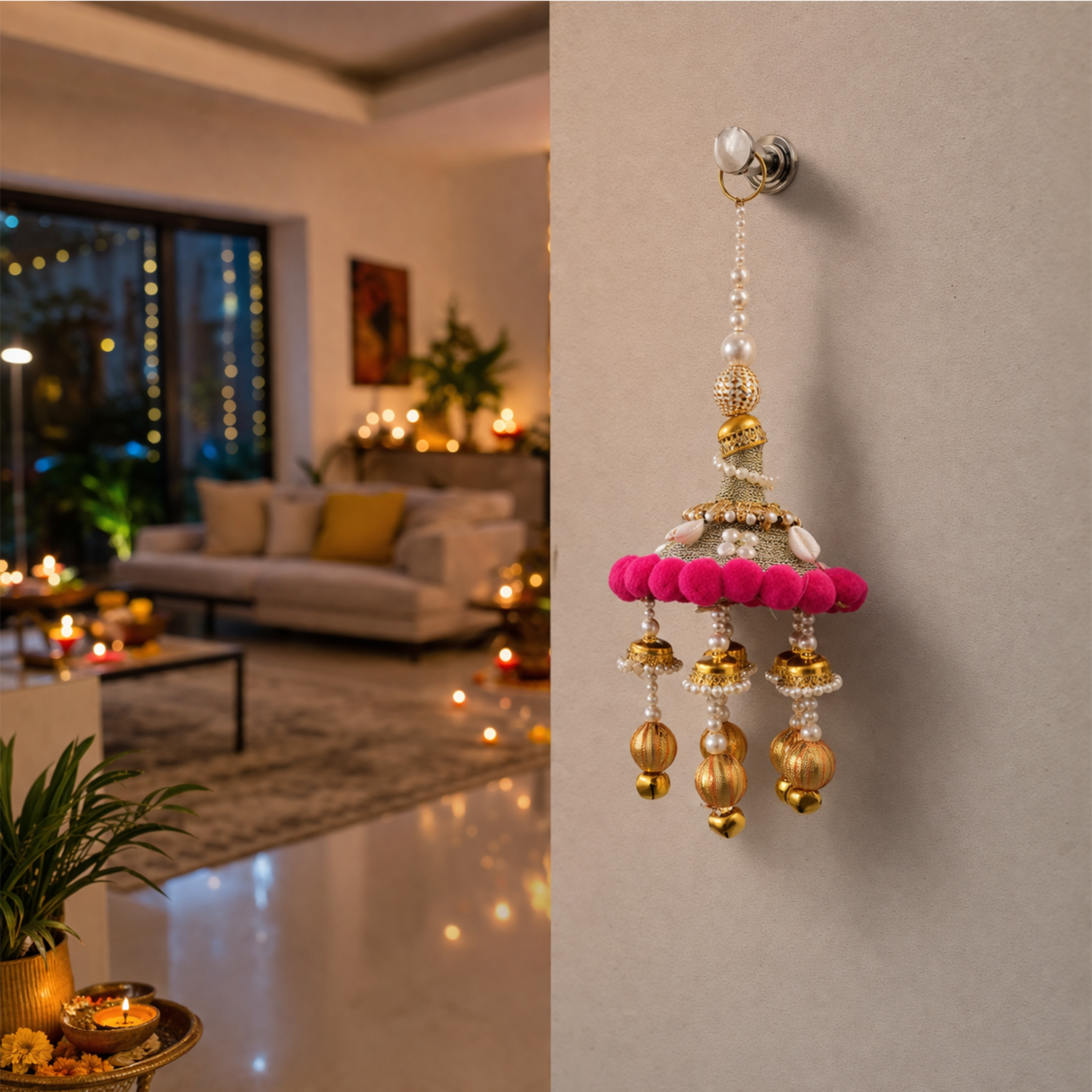 Decorative Wall Hanging Bell Ornament for Home Decor - Traditional Indian Jhumki Style Toran with Pom Poms and Pearl Accents for Diwali, Wedding, Mandir, and Housewarming Decoration, 30cm