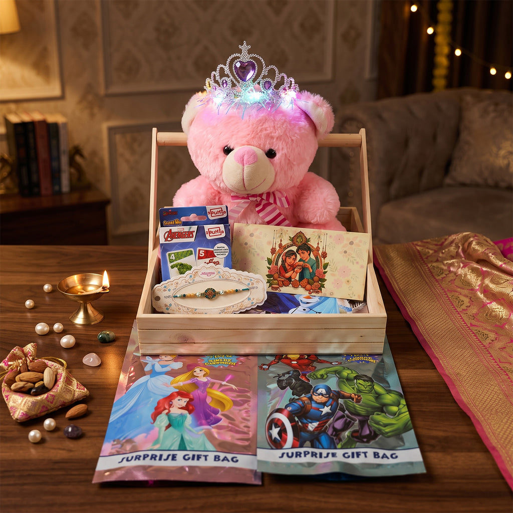 Luxury Raksha Bandhan Gift Hamper for Sister with Illuminated Tiara Teddy Bear & Designer Rakhi