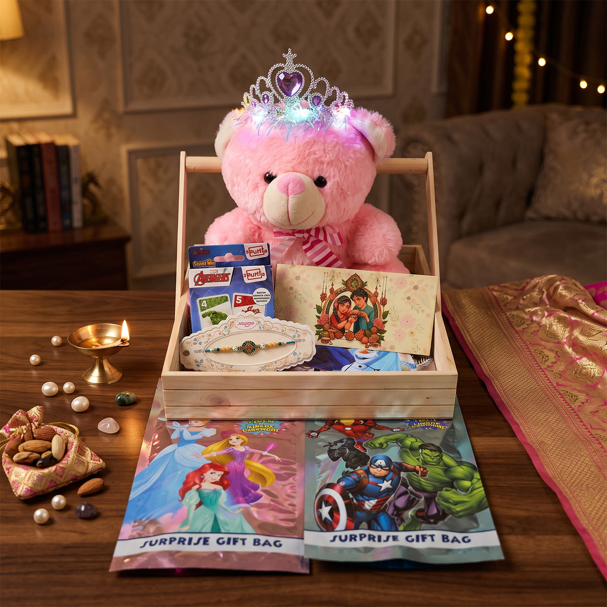 Luxury Raksha Bandhan Gift Hamper for Sister with Illuminated Tiara Teddy Bear & Designer Rakhi