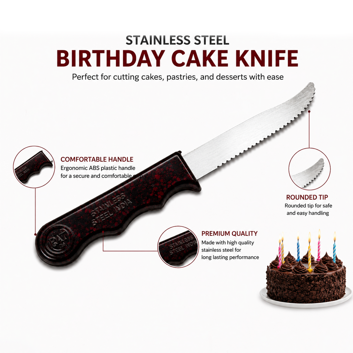6-Inch Musical Birthday Cake Knife - Serrated Dessert Knife with Rounded Tip, Plays Happy Birthday Sound, Comfort Handle for Cakes, Pastries, and Parties