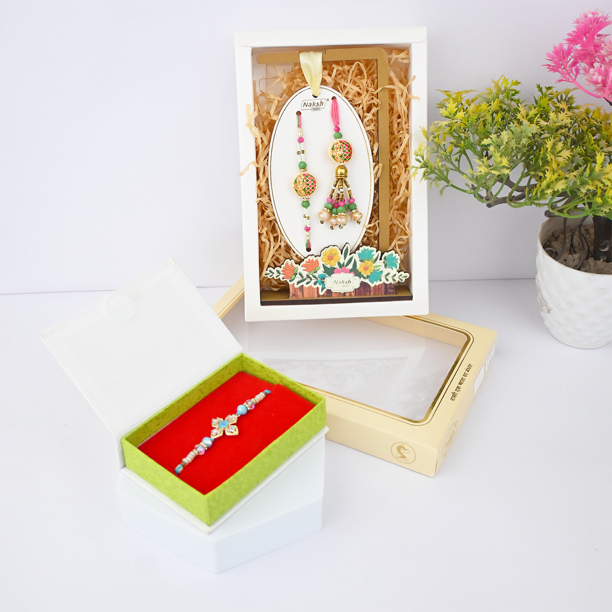Luxury Rakhi Combo Set with Bhaiya Bhabhi Rakhi, Festive Surprise Gift Box, Multicolour