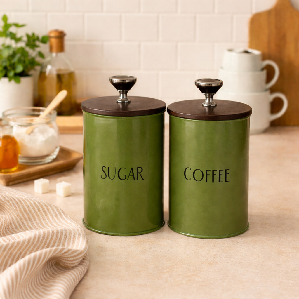 Sugar & Coffee Container Jar With Air Tight Wooden Lids (Green)