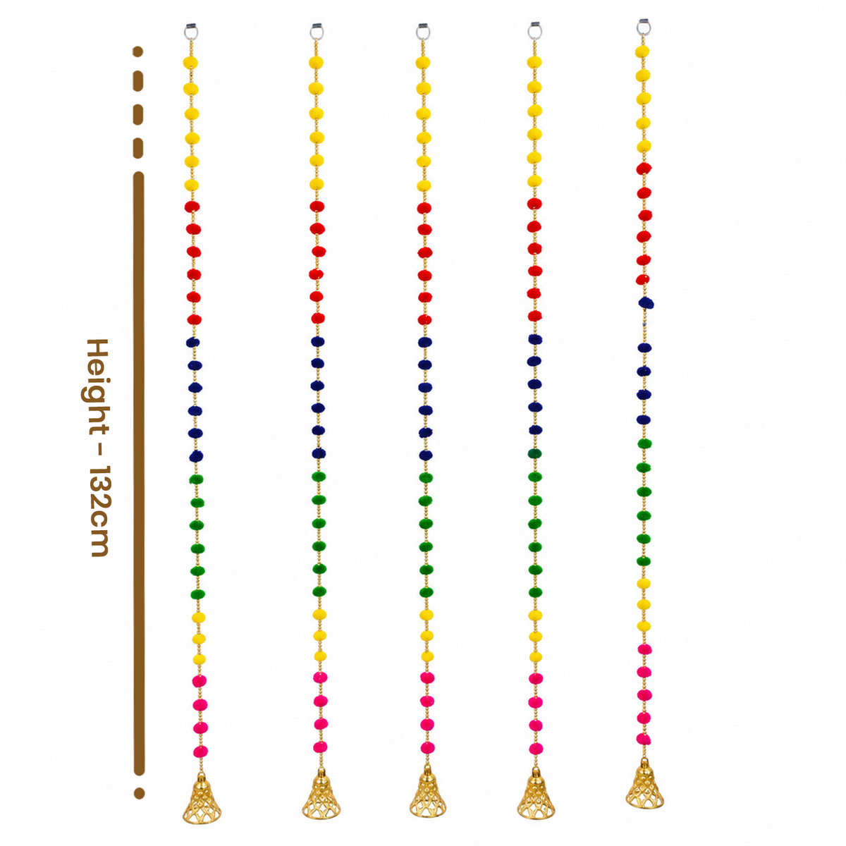 Multicolor Pom Pom Hanging Decor for Door & Entrance – Decorative Festive Strings with Bells for Diwali, Wedding, and Home Decoration, 132 cm
