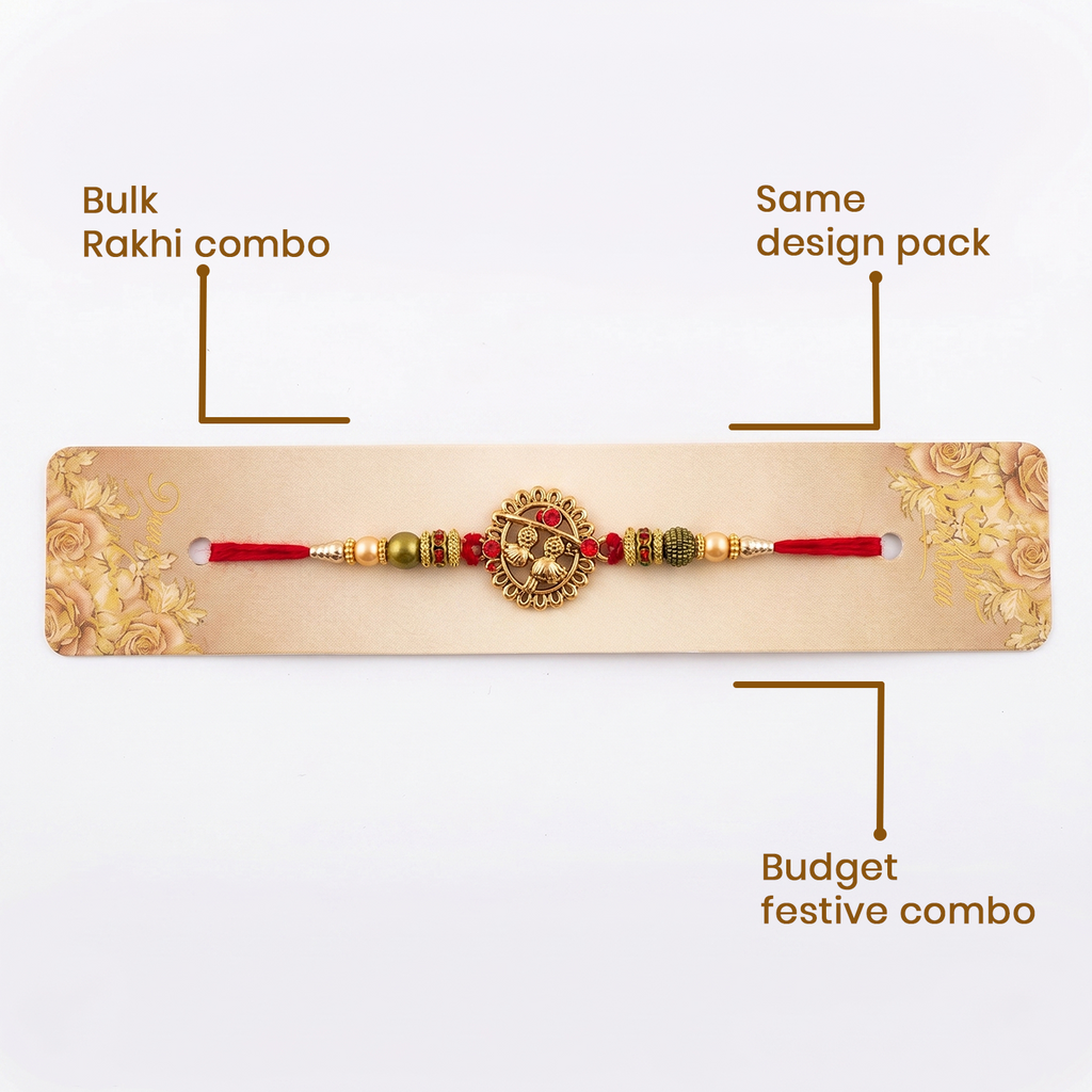 Antique Gold Rakhi, Bulk Combo Pack of 6, Red Thread, Beaded Design, Budget Festive Bracelet