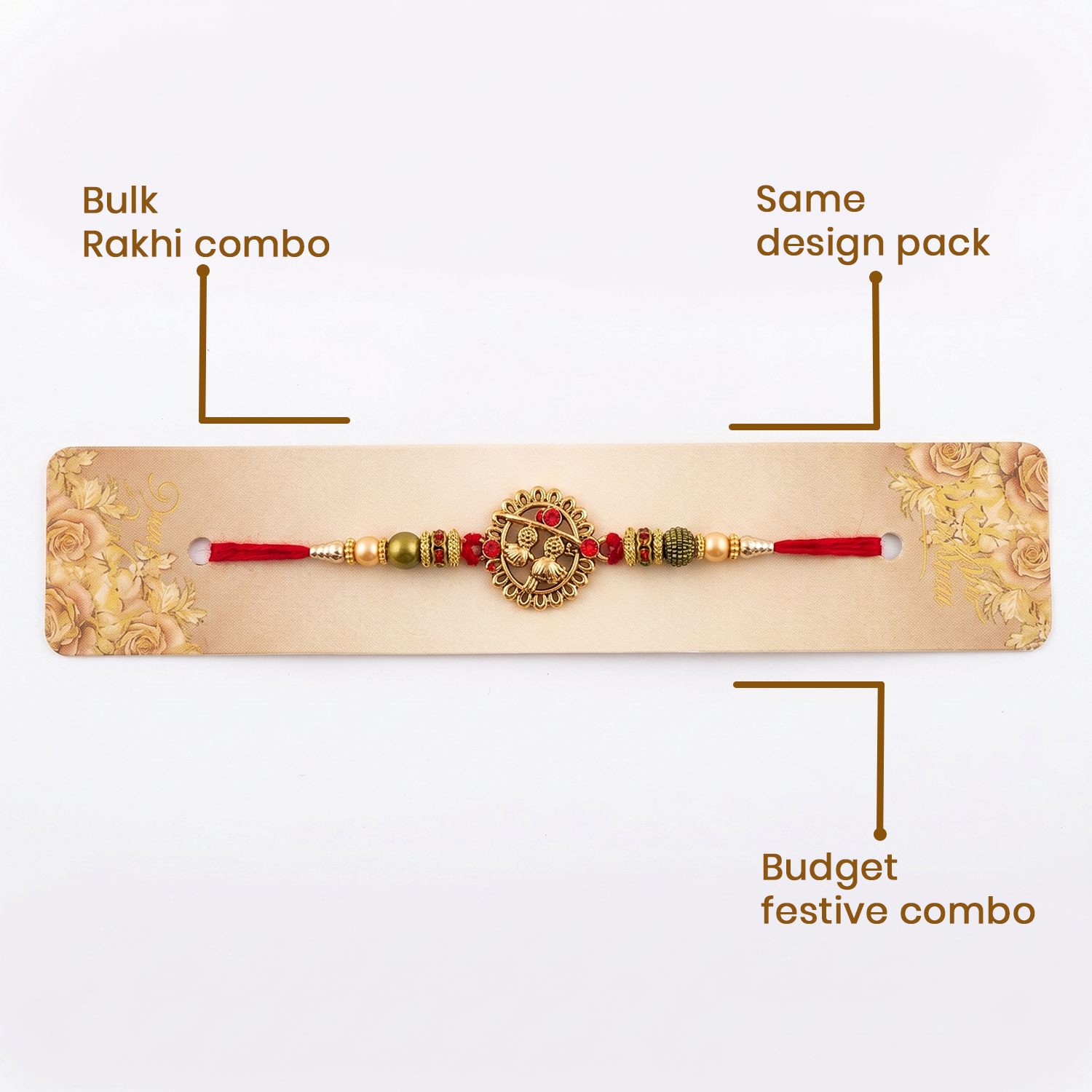 Antique Gold Rakhi, Bulk Combo Pack of 6, Red Thread, Beaded Design, Budget Festive Bracelet