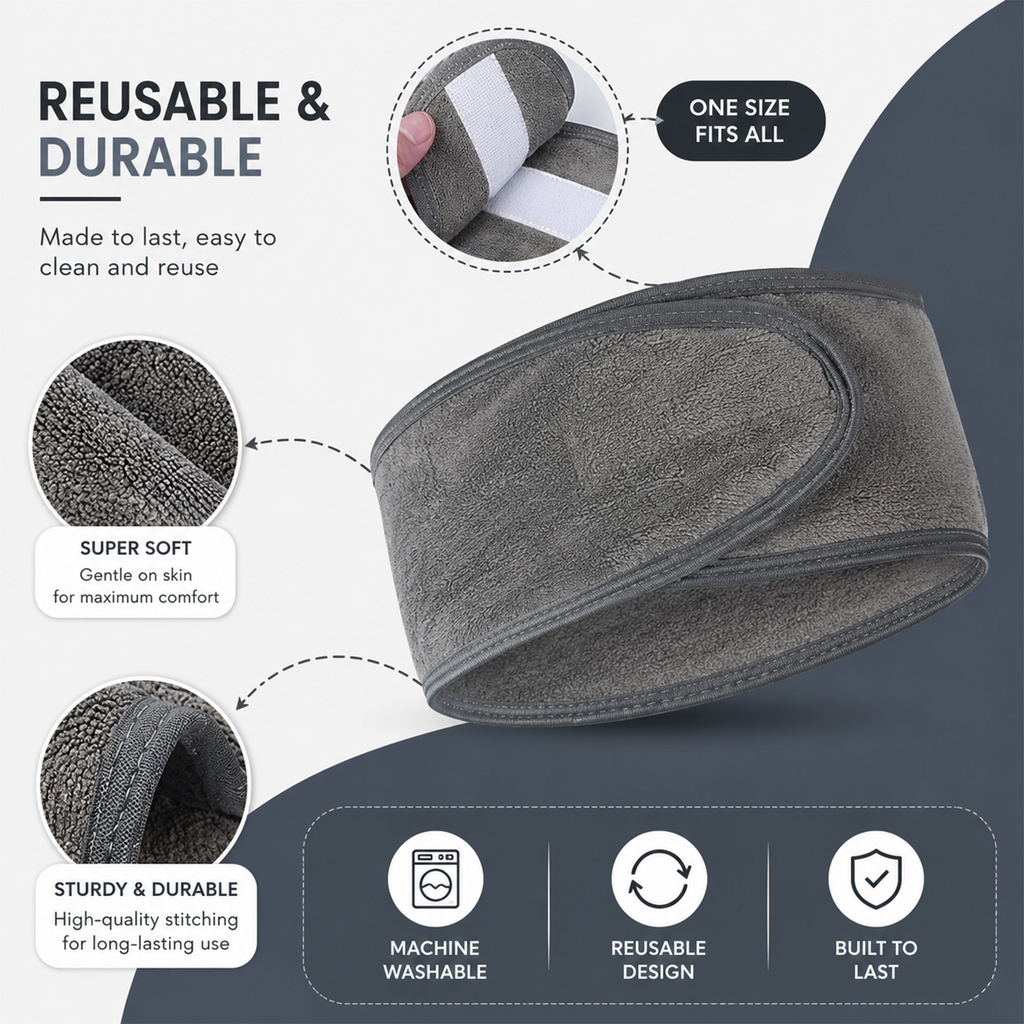 Spa Headband for Skincare – Set of 3 Adjustable Microfiber Headbands for Washing Face, Shower, Makeup, and Sports – Soft, Reusable, and Machine Washable Grey Hair Bands (Grey)
