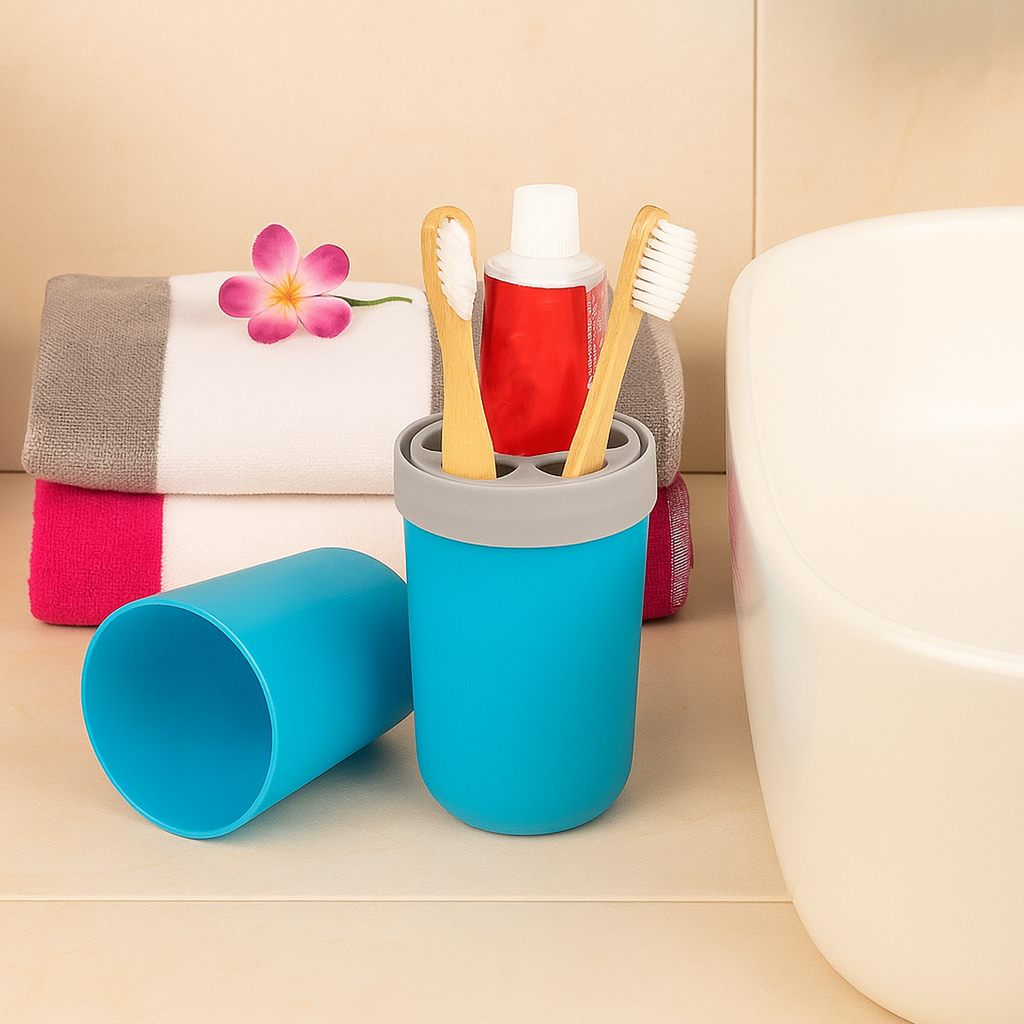 Portable Travel Toothbrush Case & Toothpaste Holder – Multi-Purpose Bathroom Storage Cup with Partition – Lightweight Waterproof Oral Care Organizer for Business Trips, Camping, and Home (Blue) 2