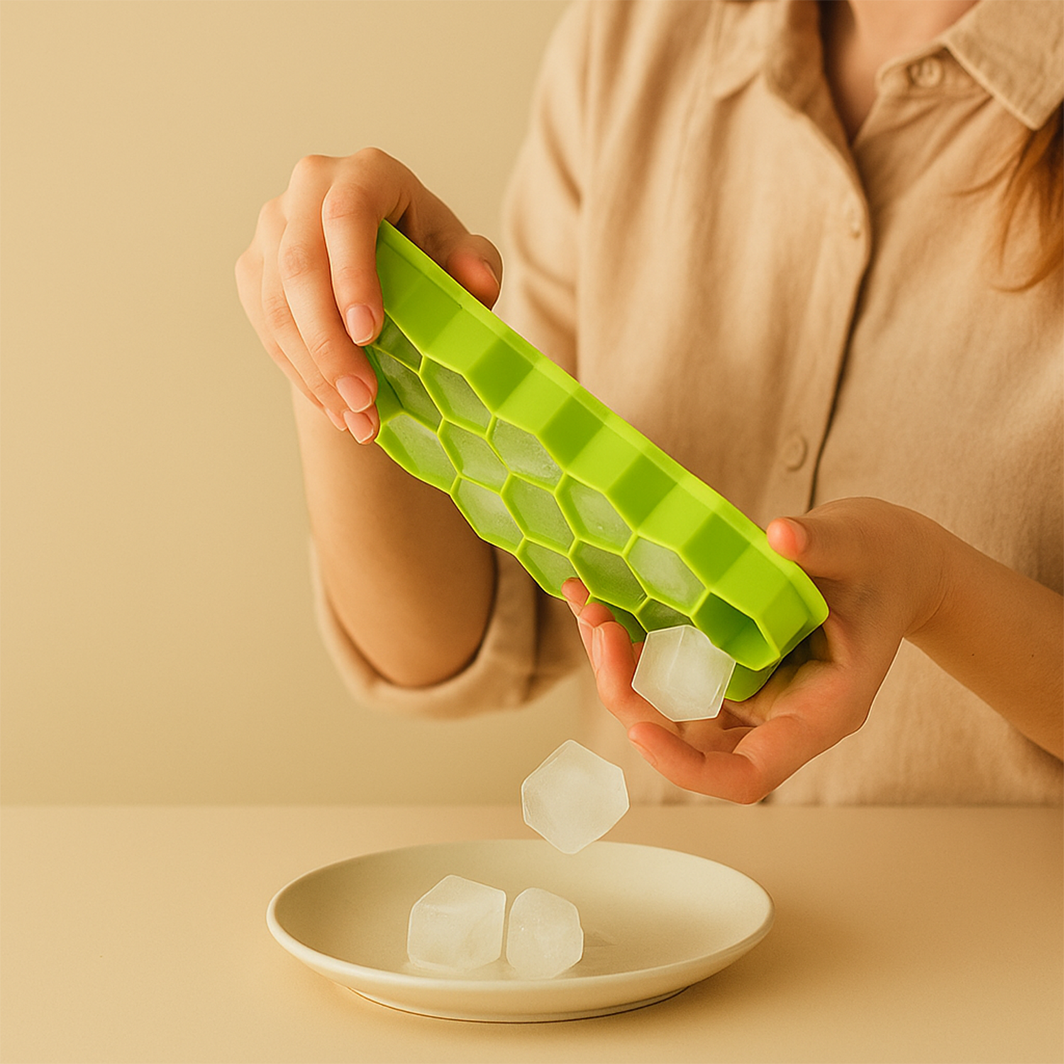 Silicone Ice Cube Tray with Lid, Honeycomb Hexagon Shape, Green, 20cm Width, Makes Flavored Ice Pack of 2