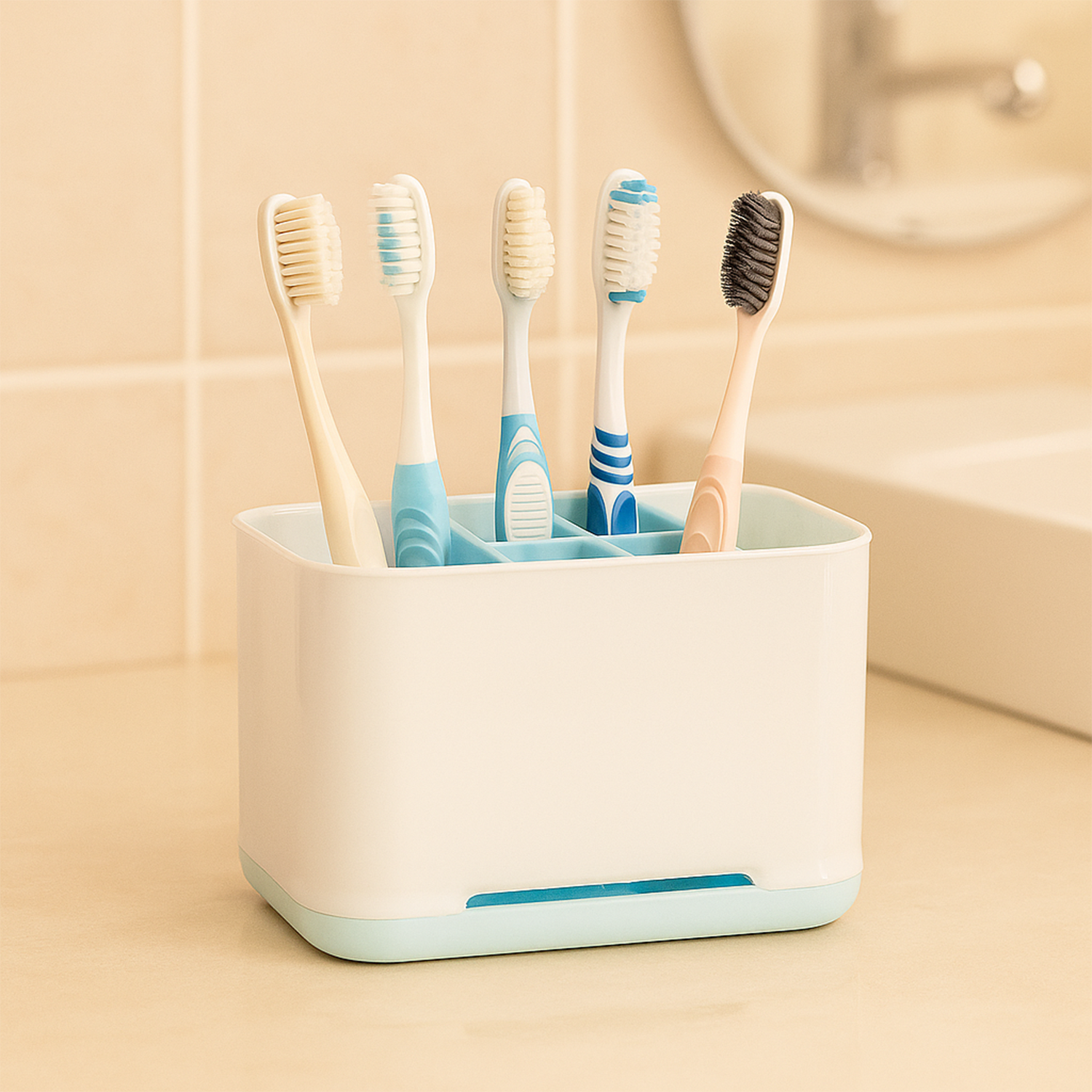 Multi-Purpose Desktop & Bathroom Organizer – Sleek White & Blue Multi-Compartment Caddy 2