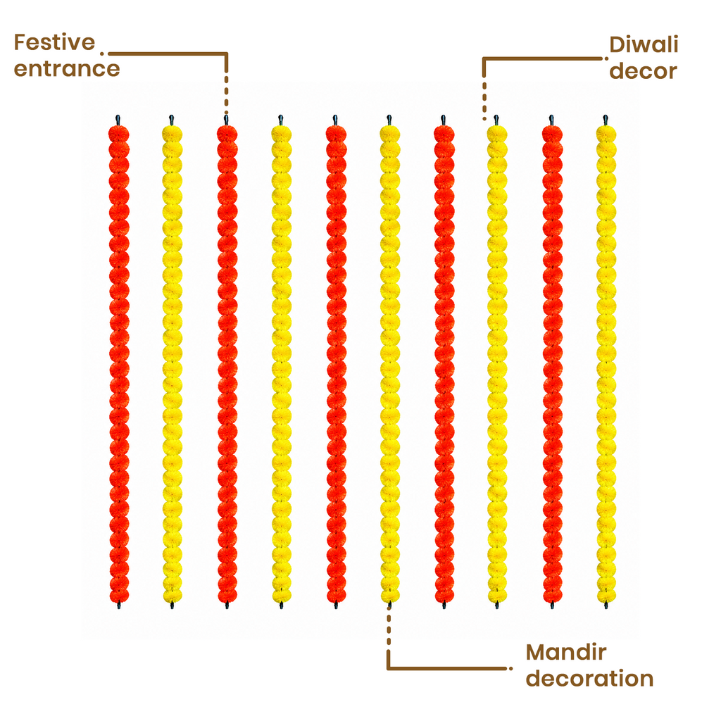 Artificial Marigold Flower Garlands for Decoration - 140cm Hanging Strings for Diwali, Wedding, Mandir, and Festive Home Decor (Yellow & Orange, Pack of 10)